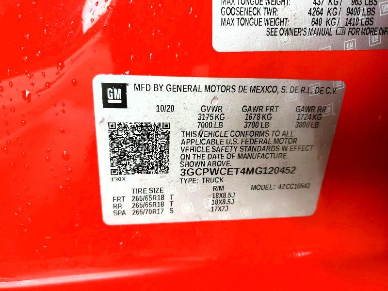 Aukcja sprzedaży 2021 Chevrolet Silverado, vin: 3GCPWCET4MG120452, numer aukcji: 77078355