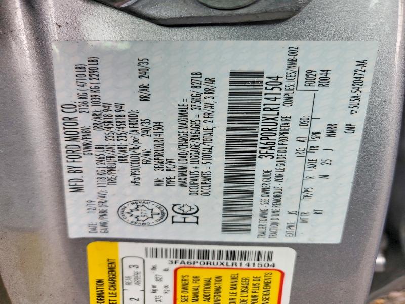 75461855 :رقم المزاد ، 3FA6P0RUXLR141504 vin ، 2020 Ford Fusion مزاد بيع