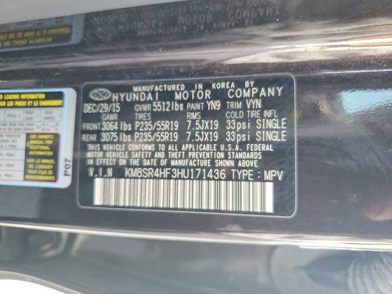2017 Hyundai Santa Fe მანქანა იყიდება აუქციონზე, vin: KM8SR4HF3HU171436, აუქციონის ნომერი: 78380445