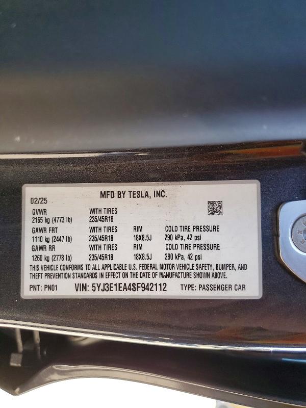 Продаж на аукціоні авто 2025 Tesla Model 3, vin: 5YJ3E1EA4SF942112, номер лоту: 75820055