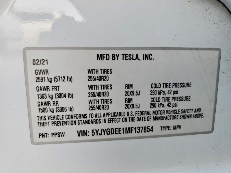 2021 Tesla Model Y მანქანა იყიდება აუქციონზე, vin: 5YJYGDEE1MF137854, აუქციონის ნომერი: 77628065