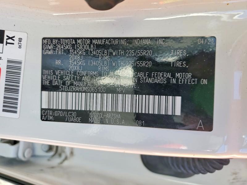 Aukcja sprzedaży 2021 Toyota Highlander, vin: 5TDJZRAH0MS065100, numer aukcji: 79052255