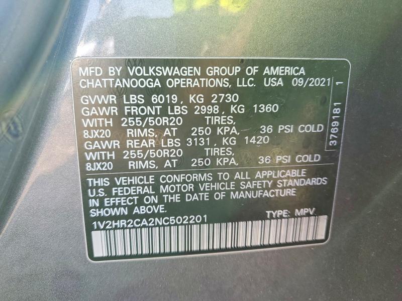 75175435 :رقم المزاد ، 1V2HR2CA2NC502201 vin ، 2022 Volkswagen Atlas مزاد بيع