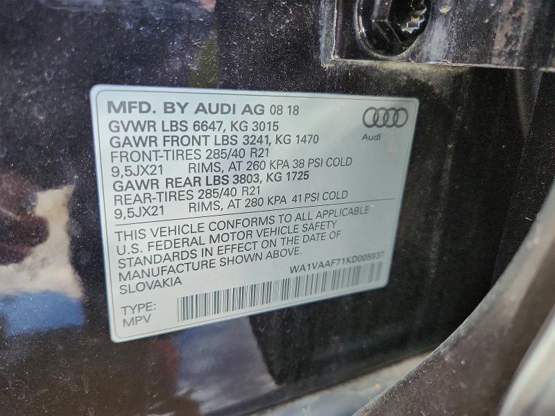 75972475 :رقم المزاد ، WA1VAAF71KD005937 vin ، 2019 Audi Q7 Prestig مزاد بيع