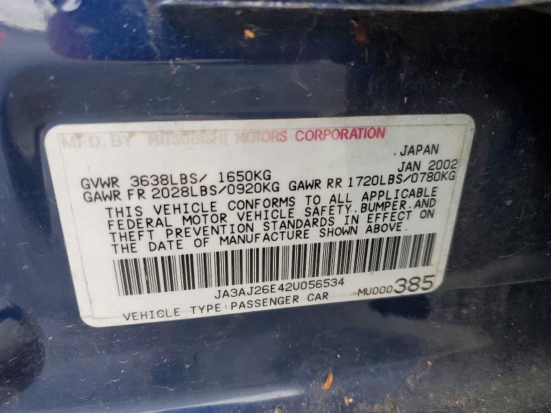 Aukcja sprzedaży 2002 Mitsubishi Lancer, vin: JA3AJ26E42U056534, numer aukcji: 78364075
