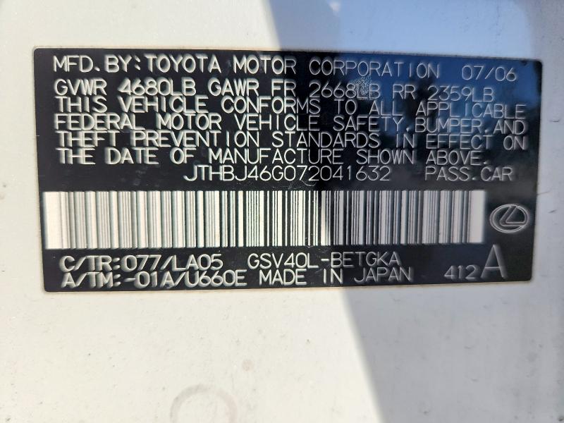 Aukcja sprzedaży 2007 Lexus Es, vin: JTHBJ46G072041632, numer aukcji: 76253175