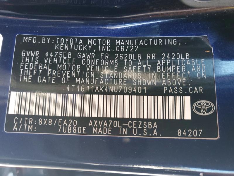 76705755 :رقم المزاد ، 4T1G11AK4NU709401 vin ، 2022 Toyota Camry مزاد بيع