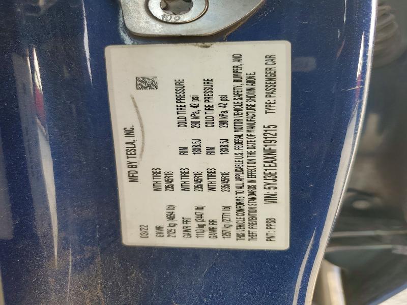 78380265 :رقم المزاد ، 5YJ3E1EAXNF191215 vin ، 2022 Tesla Model 3 مزاد بيع