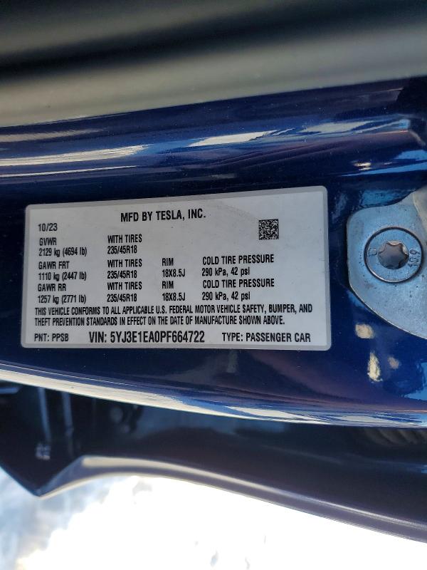 Продажа на аукционе авто 2023 Tesla Model 3, vin: 5YJ3E1EA0PF664722, номер лота: 75647915