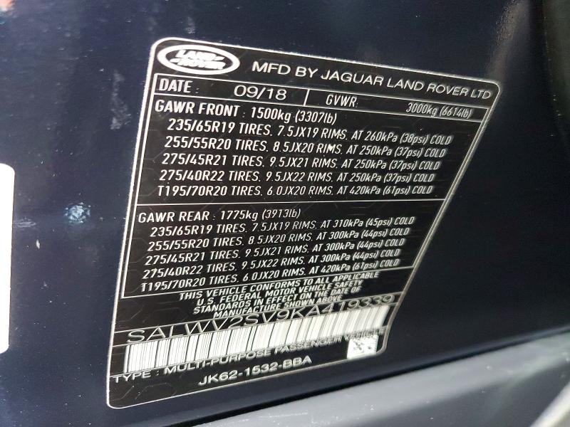 Aukcja sprzedaży 2019 Land Rover Range Rover Sport, vin: SALWV2SV9KA419339, numer aukcji: 77467975