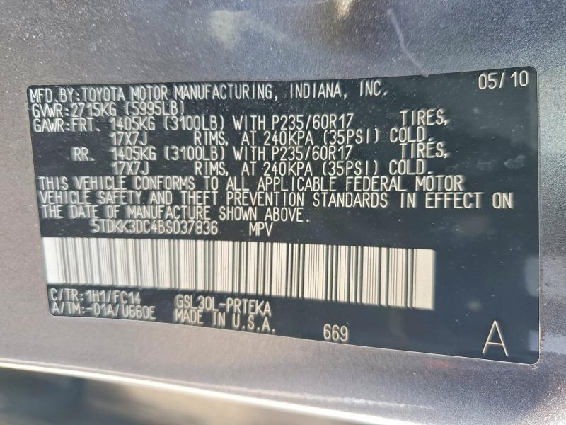 2011 Toyota Sienna მანქანა იყიდება აუქციონზე, vin: 5TDKK3DC4BS037836, აუქციონის ნომერი: 75628545