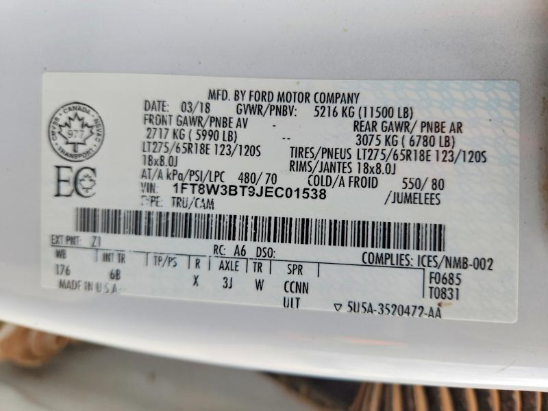 2018 Ford F350 Super მანქანა იყიდება აუქციონზე, vin: 1FT8W3BT9JEC01538, აუქციონის ნომერი: 77438145