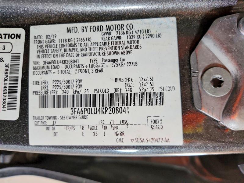 2019 Ford Fusion მანქანა იყიდება აუქციონზე, vin: 3FA6P0LU4KR208041, აუქციონის ნომერი: 79478155