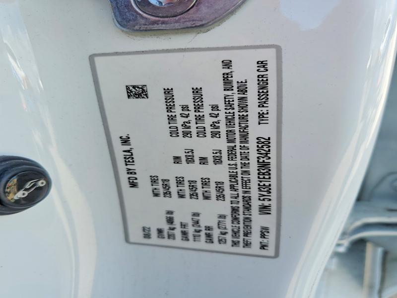 2022 Tesla Model 3 მანქანა იყიდება აუქციონზე, vin: 5YJ3E1EB3NF342582, აუქციონის ნომერი: 76135555