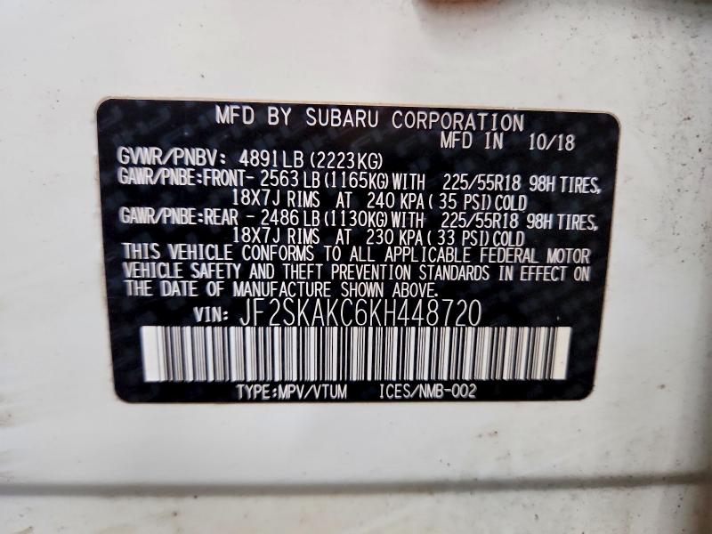 73254745 :رقم المزاد ، JF2SKAKC6KH448720 vin ، 2019 Subaru Forester مزاد بيع