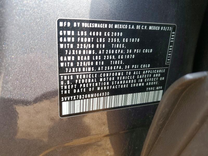 Aukcja sprzedaży 2022 Volkswagen Taos, vin: 3VVYX7B26NM064930, numer aukcji: 78217175