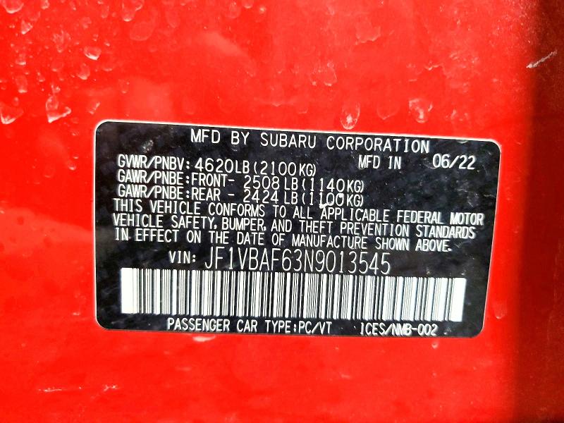77305185 :رقم المزاد ، JF1VBAF63N9013545 vin ، 2022 Subaru Wrx مزاد بيع