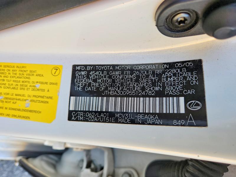 2005 Lexus Es330 მანქანა იყიდება აუქციონზე, vin: JTHBA30G955124782, აუქციონის ნომერი: 76123615