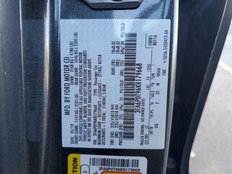 2019 Ford Fusion მანქანა იყიდება აუქციონზე, vin: 3FA6P0T96KR179668, აუქციონის ნომერი: 79422805