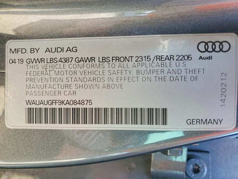 Продаж на аукціоні авто 2019 Audi A3, vin: WAUAUGFF9KA084875, номер лоту: 78290255