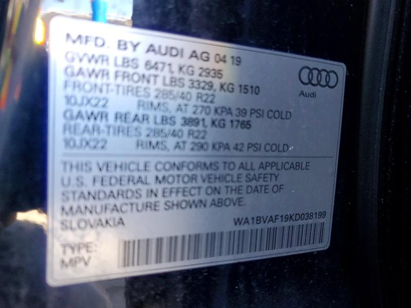 Продаж на аукціоні авто 2019 Audi Q8, vin: WA1BVAF19KD038199, номер лоту: 78899965