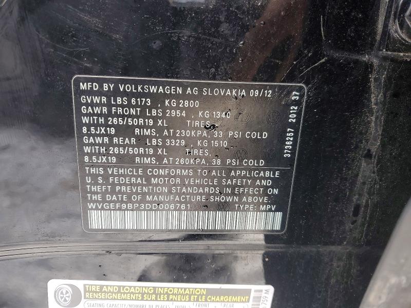 76414365 :رقم المزاد ، WVGEF9BP3DD006761 vin ، 2013 Volkswagen Touareg مزاد بيع
