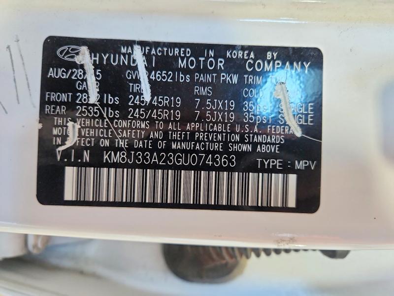 2016 Hyundai Tucson მანქანა იყიდება აუქციონზე, vin: KM8J33A23GU074363, აუქციონის ნომერი: 78711965