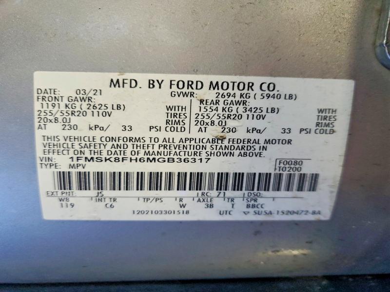 77312755 :رقم المزاد ، 1FMSK8FH6MGB36317 vin ، 2021 Ford Explorer مزاد بيع