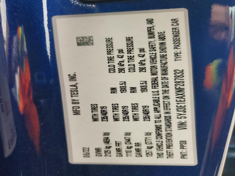 Продажа на аукционе авто 2022 Tesla Model 3, vin: 5YJ3E1EAXNF287832, номер лота: 76390625
