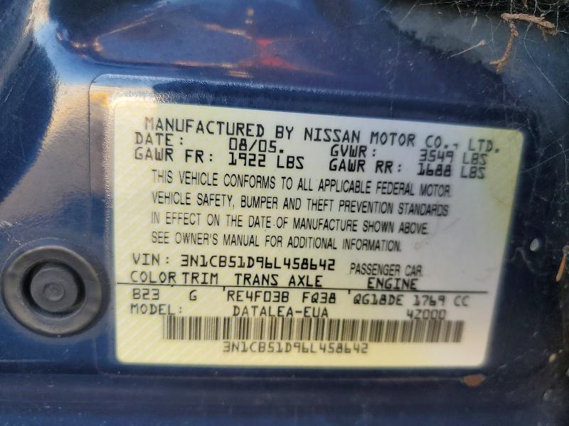 2006 Nissan Sentra მანქანა იყიდება აუქციონზე, vin: 3N1CB51D96L458642, აუქციონის ნომერი: 75907005