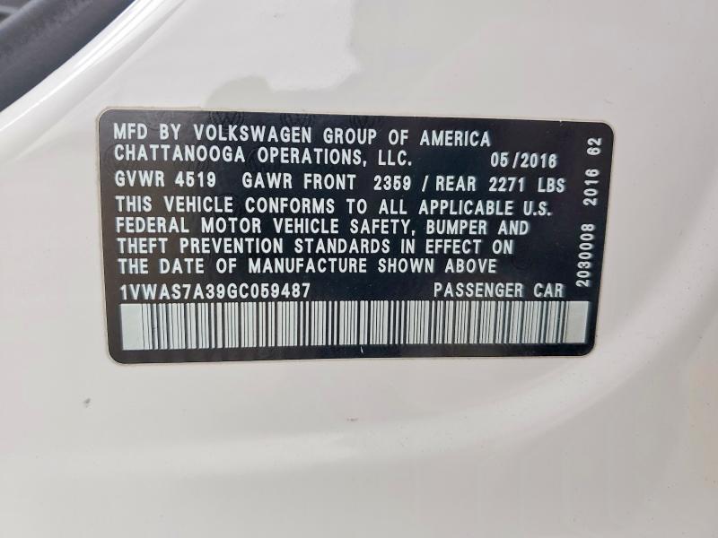 Продаж на аукціоні авто 2016 Volkswagen Passat, vin: 1VWAS7A39GC059487, номер лоту: 77013535