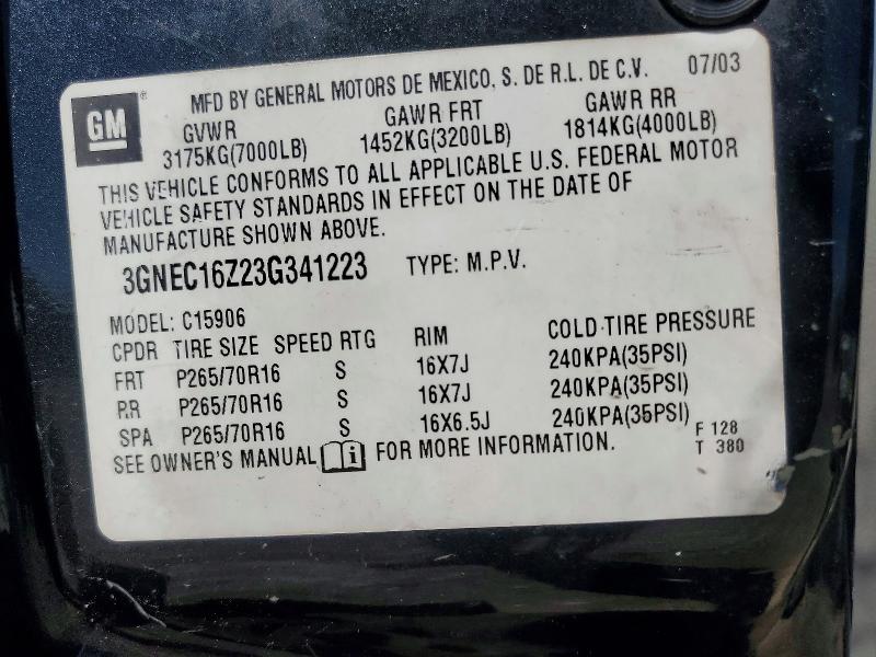 2003 Chevrolet Suburban მანქანა იყიდება აუქციონზე, vin: 3GNEC16Z23G341223, აუქციონის ნომერი: 75146845