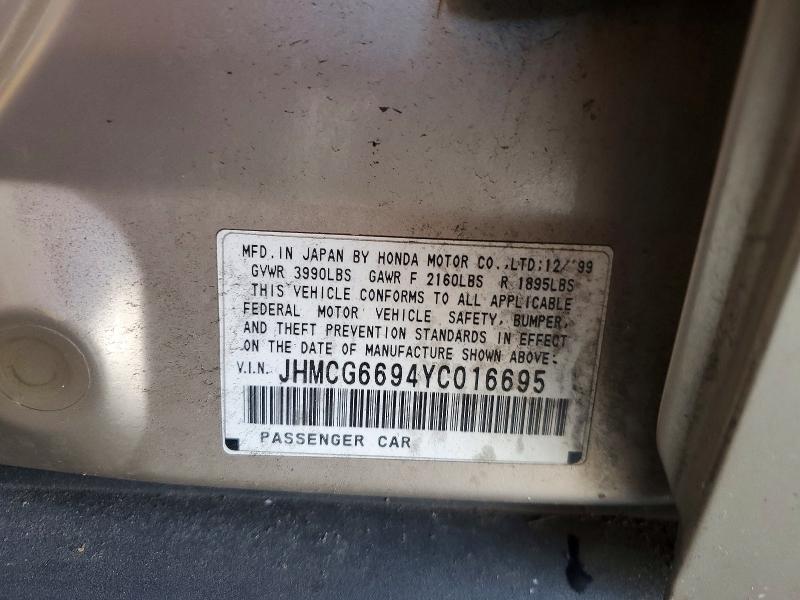 Aukcja sprzedaży 2000 Honda Accord, vin: JHMCG6694YC016695, numer aukcji: 78995325