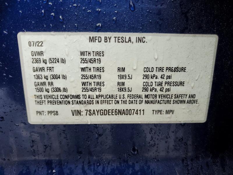 Aukcja sprzedaży 2022 Tesla Model Y, vin: 7SAYGDEE6NA007411, numer aukcji: 74208265