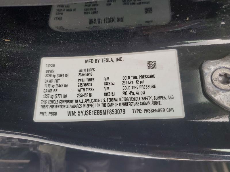2021 Tesla Model 3 მანქანა იყიდება აუქციონზე, vin: 5YJ3E1EB9MF853079, აუქციონის ნომერი: 78464265