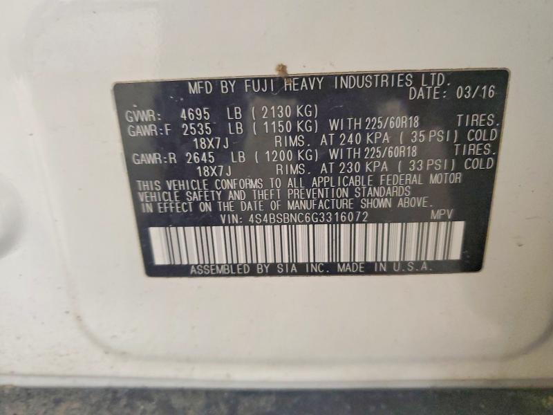 2016 Subaru Outback მანქანა იყიდება აუქციონზე, vin: 4S4BSBNC6G3316072, აუქციონის ნომერი: 75805765