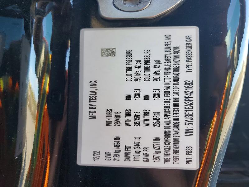 Продаж на аукціоні авто 2023 Tesla Model 3, vin: 5YJ3E1EA3PF431692, номер лоту: 77888045