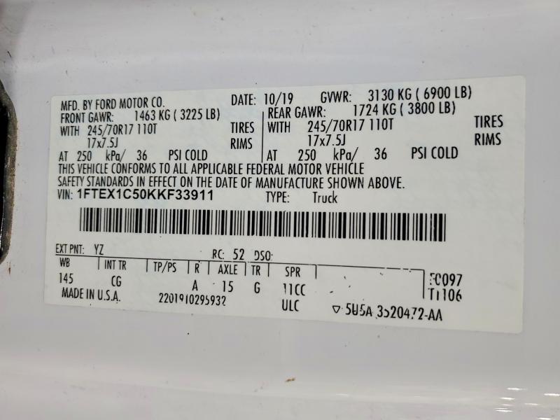 76865855 :رقم المزاد ، 1FTEX1C50KKF33911 vin ، 2019 Ford F150 Super مزاد بيع