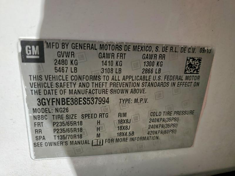 78807155 :رقم المزاد ، 3GYFNBE38ES537994 vin ، 2014 Cadillac Srx مزاد بيع
