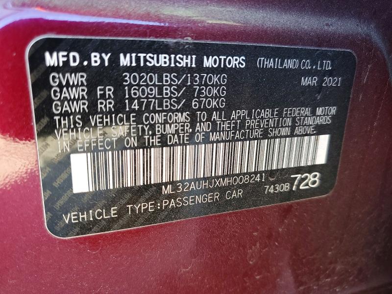 78509095 :رقم المزاد ، ML32AUHJXMH008241 vin ، 2021 Mitsubishi Mirage مزاد بيع