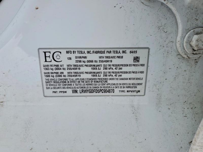 2023 Tesla Model Y მანქანა იყიდება აუქციონზე, vin: LRWYGDFD5PC904870, აუქციონის ნომერი: 76262535