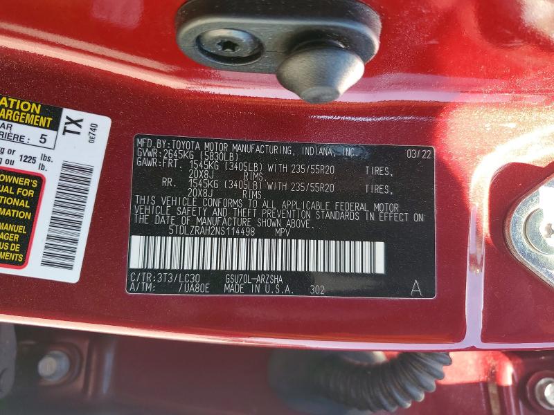 2022 Toyota Highlander მანქანა იყიდება აუქციონზე, vin: 5TDLZRAH2NS114498, აუქციონის ნომერი: 79457945