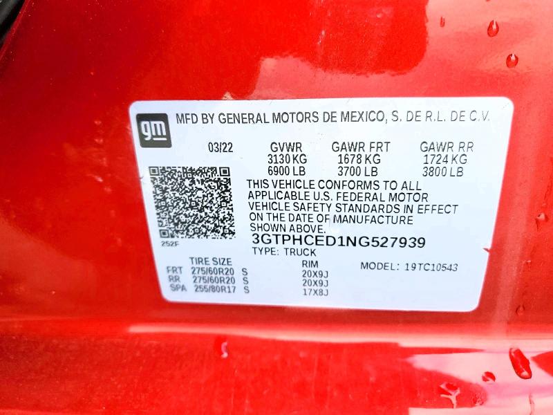 Aukcja sprzedaży 2022 Gmc Sierra, vin: 3GTPHCED1NG527939, numer aukcji: 78278365