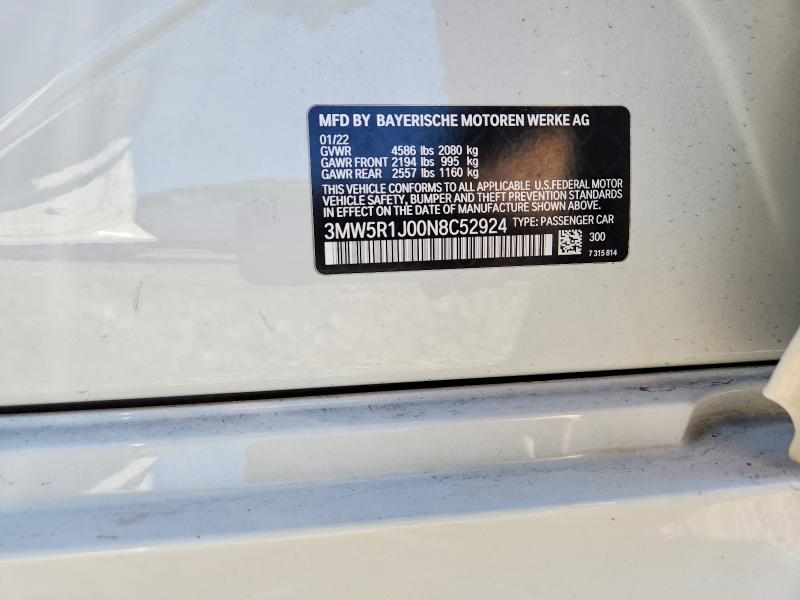 2022 Bmw 330i მანქანა იყიდება აუქციონზე, vin: 3MW5R1J00N8C52924, აუქციონის ნომერი: 75699315