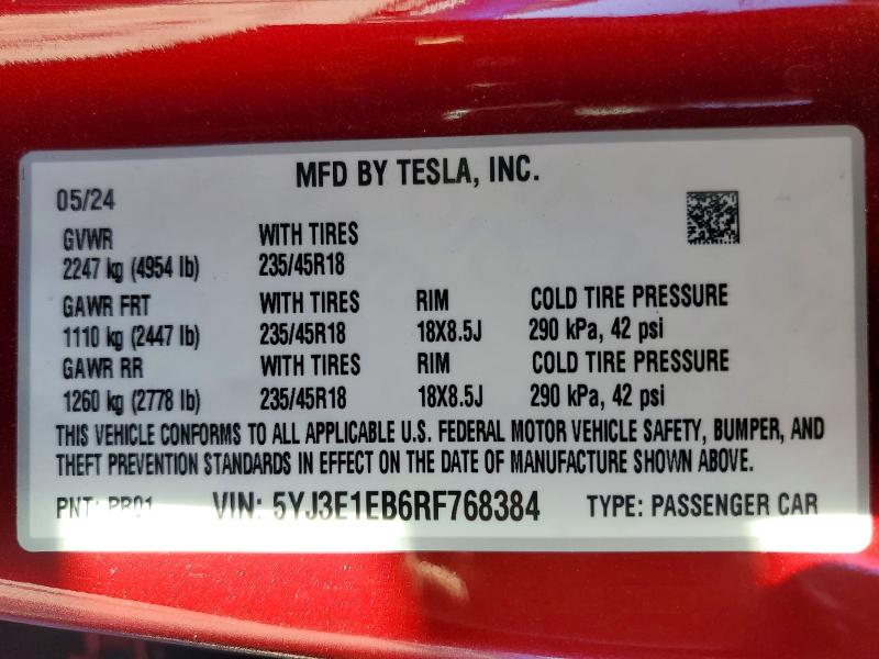 Aukcja sprzedaży 2024 Tesla Model 3, vin: 5YJ3E1EB6RF768384, numer aukcji: 76230715