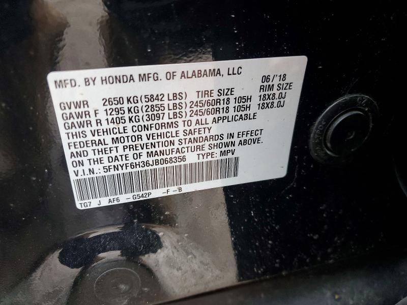 Aukcja sprzedaży 2018 Honda Pilot, vin: 5FNYF6H36JB068356, numer aukcji: 77393595