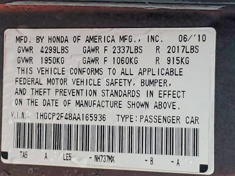 Продаж на аукціоні авто 2010 Honda Accord, vin: 1HGCP2F48AA165936, номер лоту: 76999965