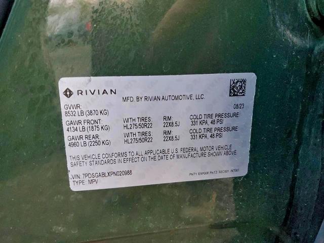 76234395 :رقم المزاد ، 7PDSGABLXPN020988 vin ، 2023 Rivian R1s Launch مزاد بيع