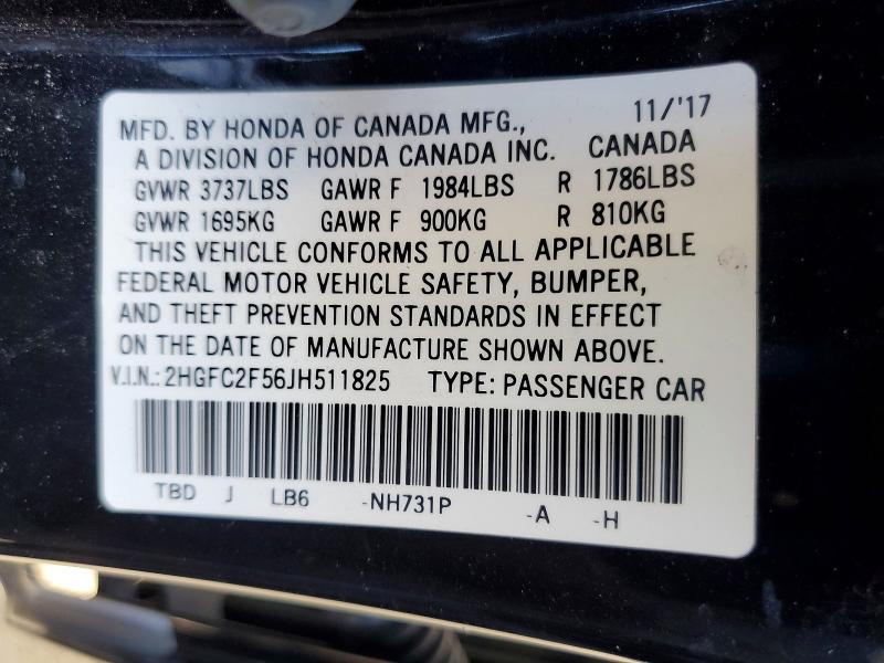 79111365 :رقم المزاد ، 2HGFC2F56JH511825 vin ، 2018 Honda Civic مزاد بيع