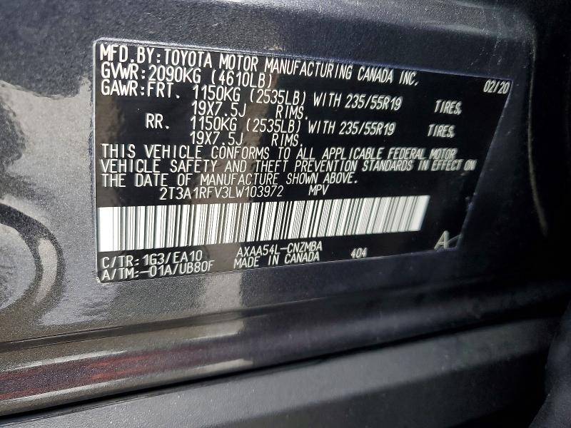 75573655 :رقم المزاد ، 2T3A1RFV3LW103972 vin ، 2020 Toyota Rav4 مزاد بيع